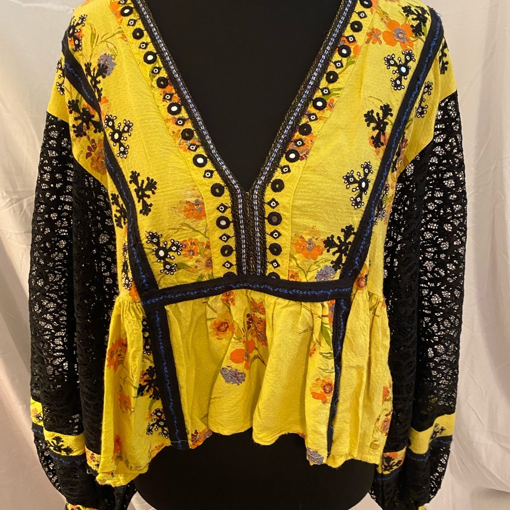 Free People Yellow Floral Blouse with Black Lace - Picture 8 of 11